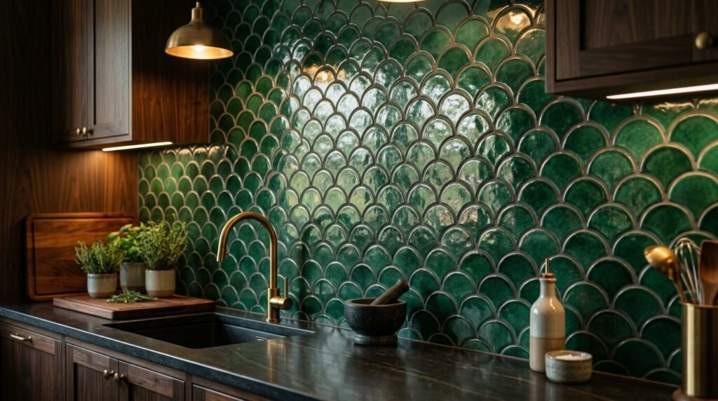 A close-up shot of an exotic emerald green fish swimming through clear ocean water.