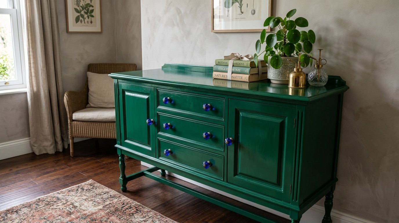A refurbished green sideboard with blue glass knobs, featuring a plant and stacked books on top.