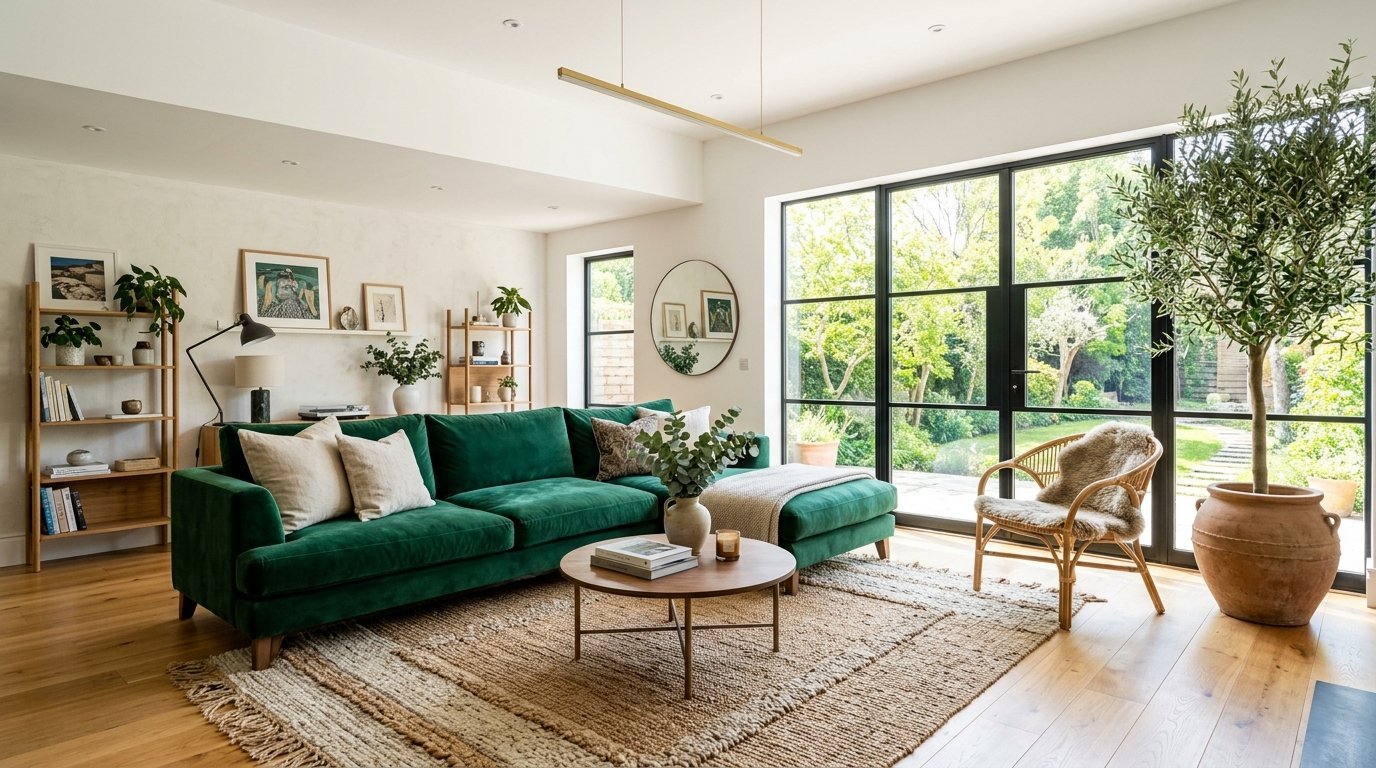 A plush green sectional couch in a bright living room with large windows, a jute rug, and a tall olive tree.