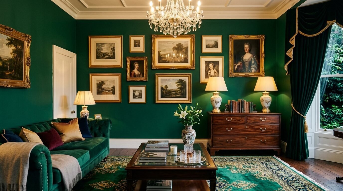 Victorian-style parlor featuring a green velvet tufted sofa, ornate gold-framed paintings, and a crystal chandelier.