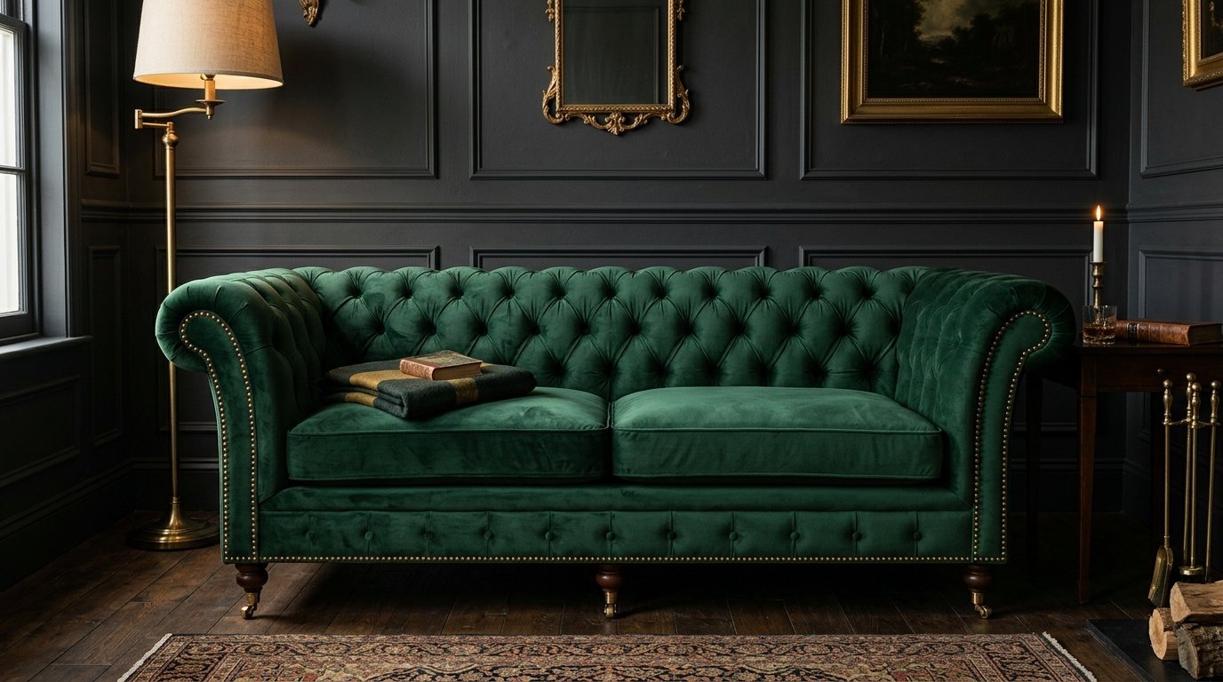 A green tufted sofa with a blanket and book in a moody, dimly lit living room.