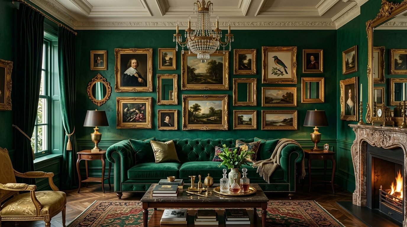 A plush emerald green tufted sofa sits in front of a gallery wall filled with ornate gold-framed paintings.