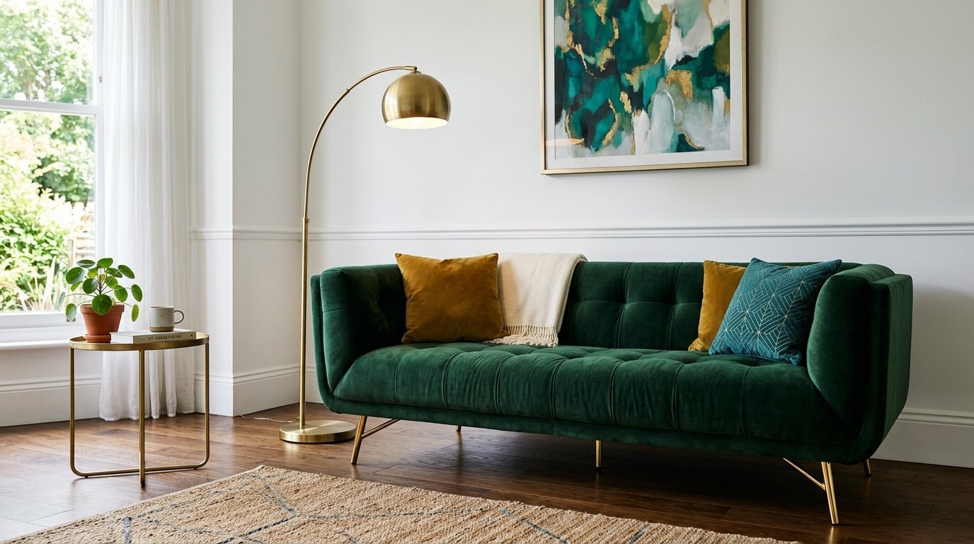 Tufted emerald green velvet sofa with mustard pillows in a brightly lit modern living room.