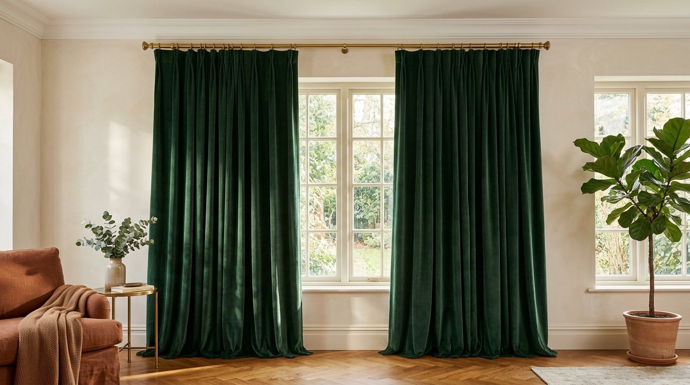 Lush forest green velvet window drapes framing a window in a bright, modern living room.