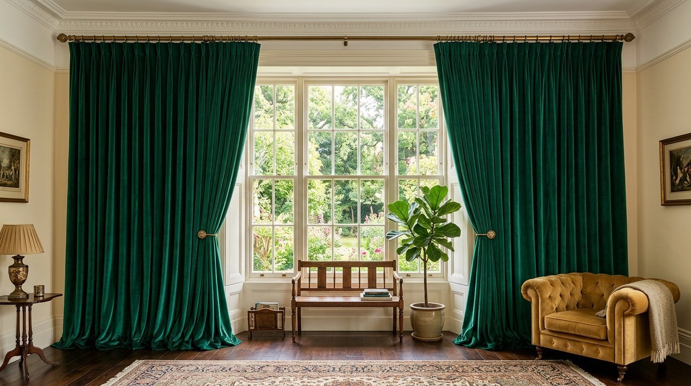 Plush emerald green floor-length drapes hanging beside a wooden bench and fiddle leaf fig in a bright living room.