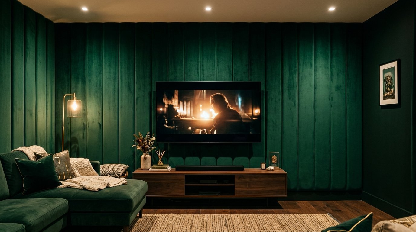 Modern living room with floor-to-ceiling green velvet wall panels, a wall-mounted TV, and a wood media console.