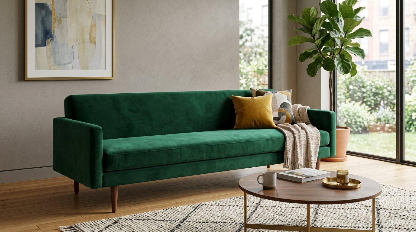 A plush green couch sits on a wooden floor next to a round coffee table and a tall indoor plant.