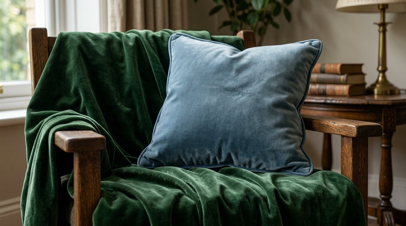 A light blue square cushion sits on a wooden chair draped with a dark green velvet throw blanket.