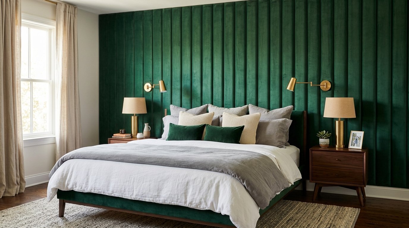 Modern bedroom with a green velvet channel-tufted accent wall and matching bed frame.