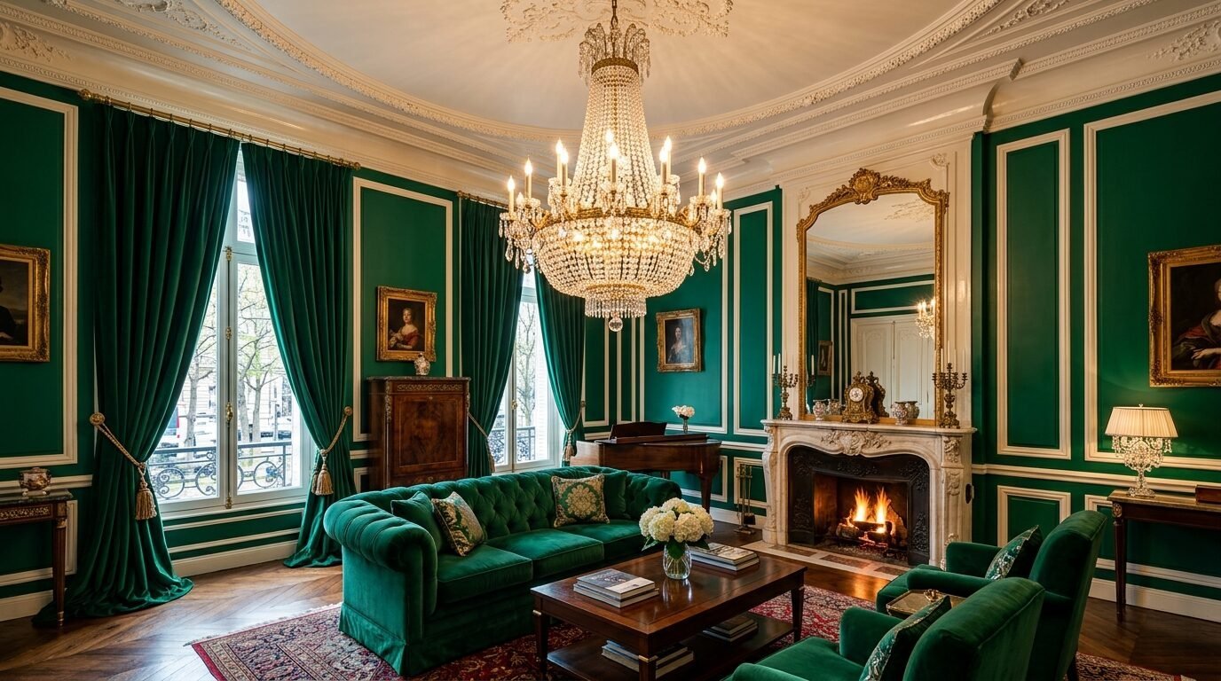 A luxurious parlor featuring an emerald tufted sofa, glowing fireplace, and a large ornate crystal chandelier.