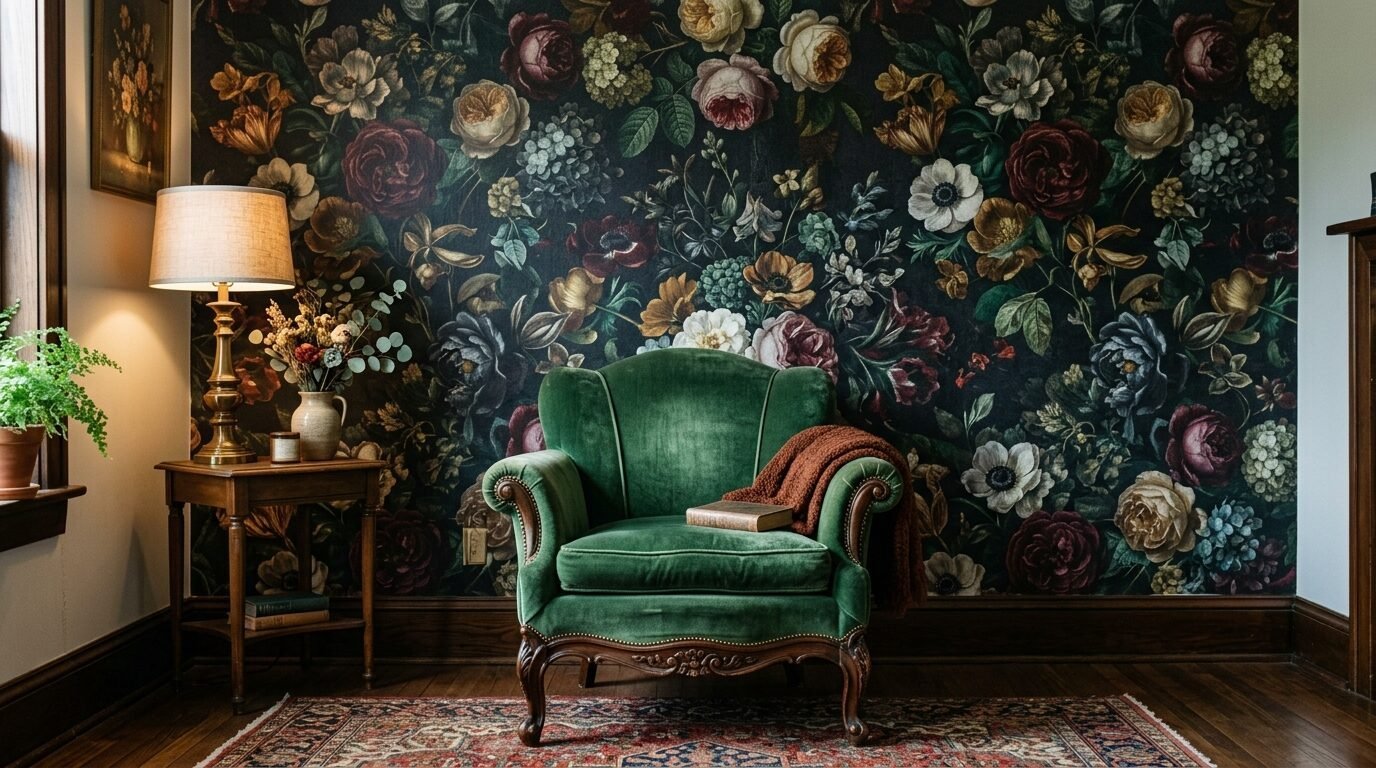 A green velvet armchair with a throw blanket sits before dramatic dark floral wallpaper.