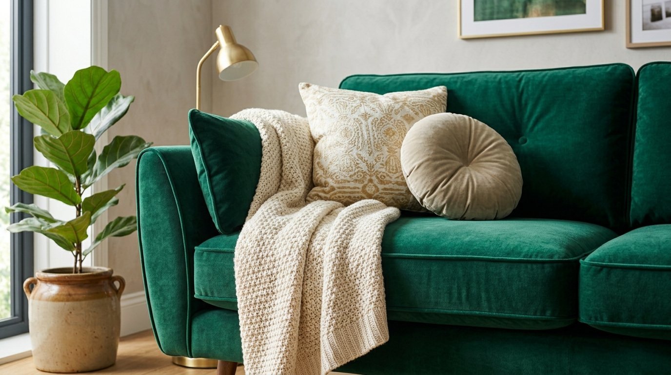 A vibrant green velvet couch featuring a cream knitted throw and two accent pillows, next to a potted fiddle leaf fig.