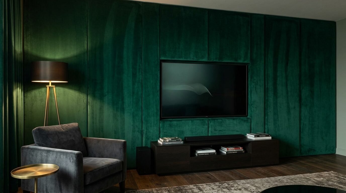 A flat screen TV mounted on a dark green velvet paneled wall with a grey armchair and floor lamp.