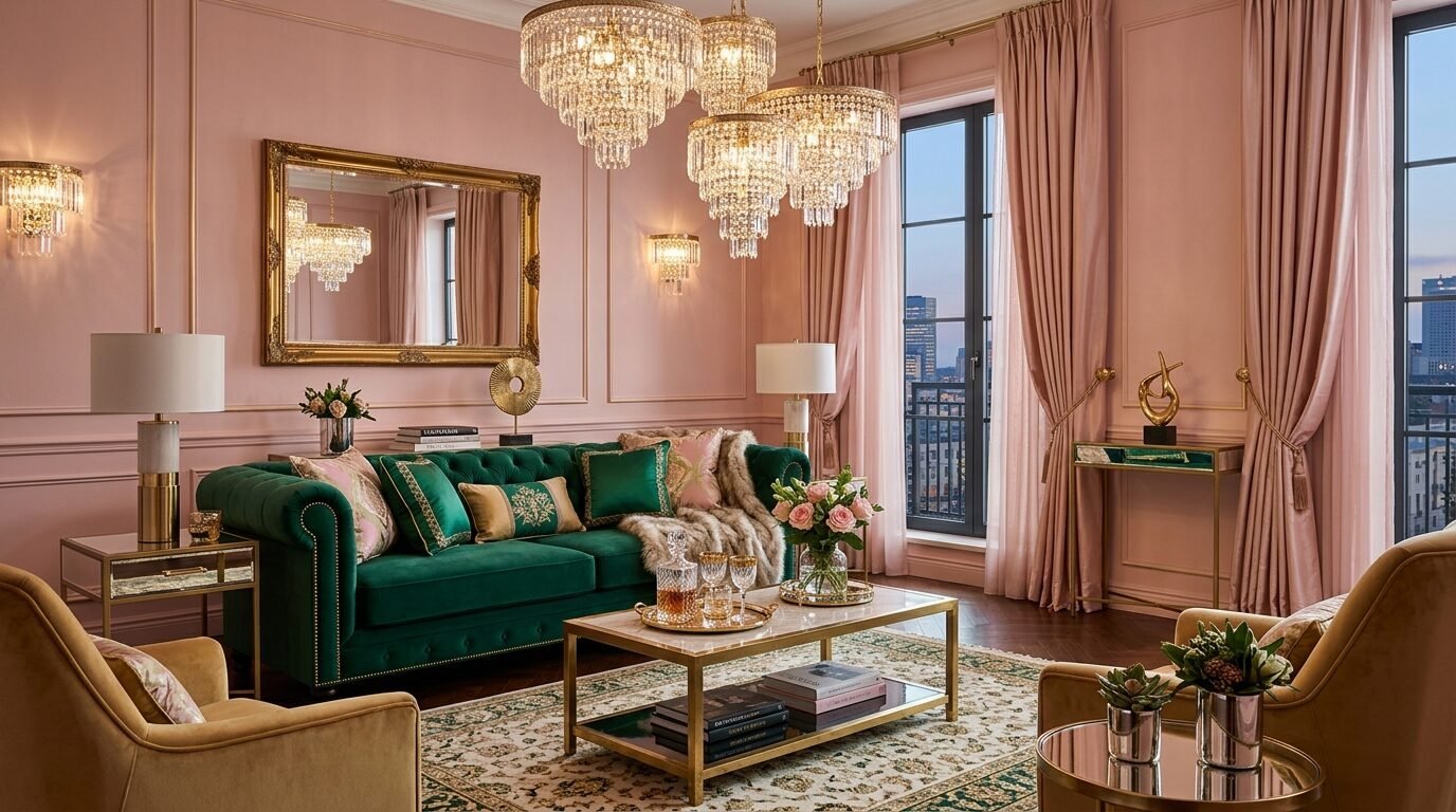 A plush deep green tufted sofa centered in an elegant pink room with crystal chandeliers and gold accents.
