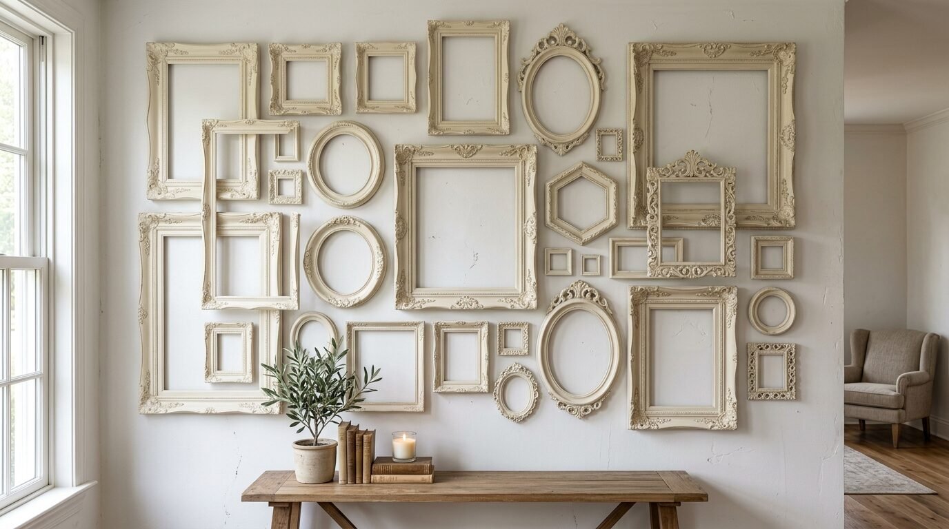 Decorative cream vintage picture frames arranged as a gallery wall above a rustic wooden bench.