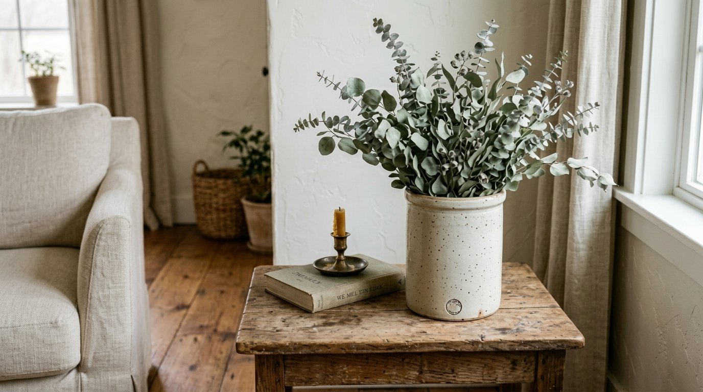 A rustic wooden side table featuring a speckled crock filled with eucalyptus branches next to a vintage book and candle.