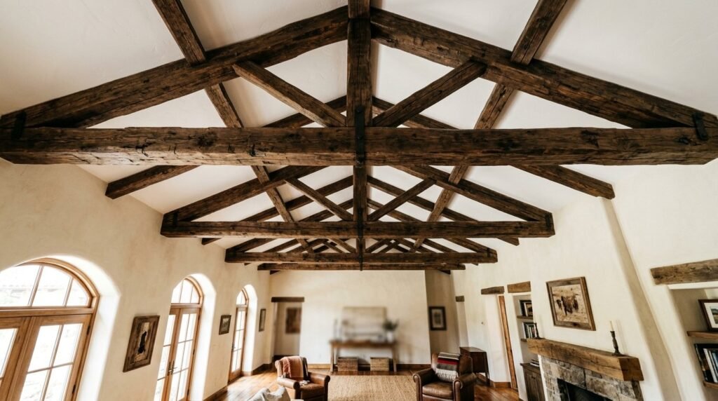 Close-up view of exposed natural wooden ceiling beams in a modern architectural space.