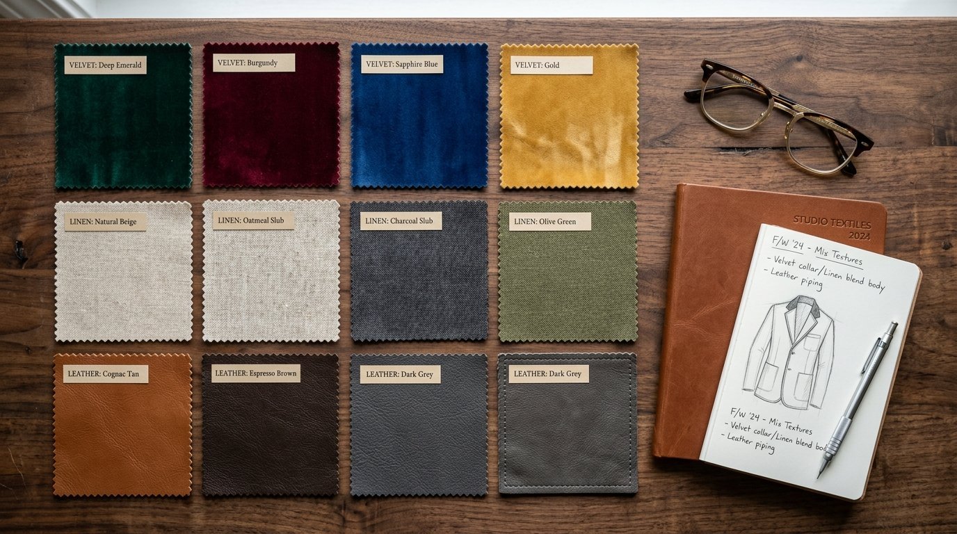 Top-down view of twelve fabric squares organized on a wood desk next to eyeglasses and a leather-bound sketchbook.