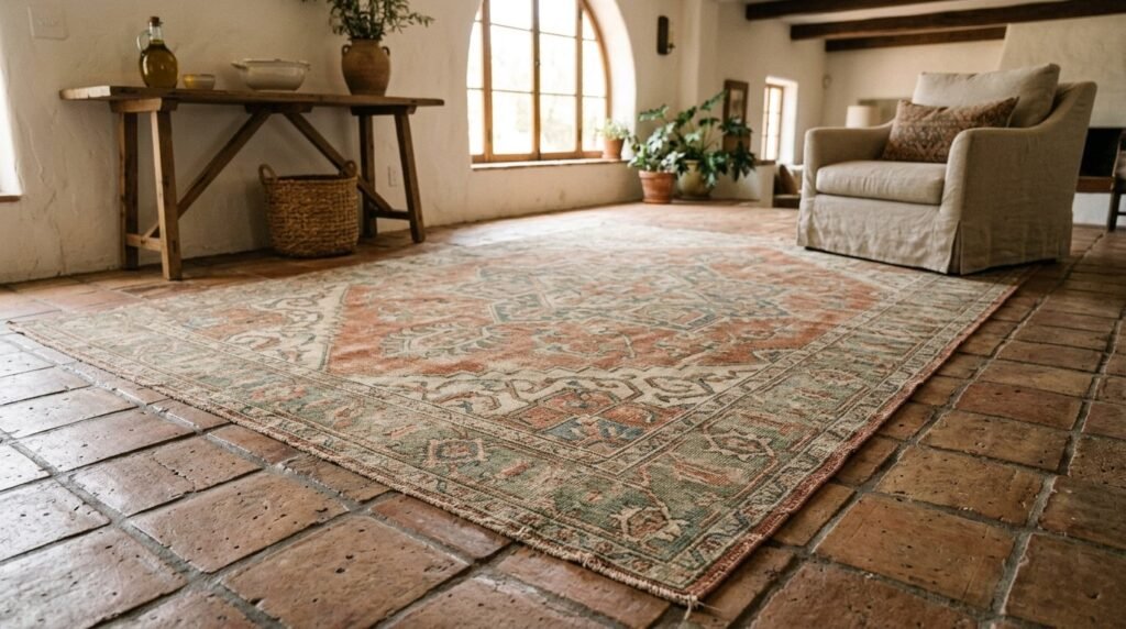 A close-up view of a high-quality faded wool rug with intricate patterns and soft textures.