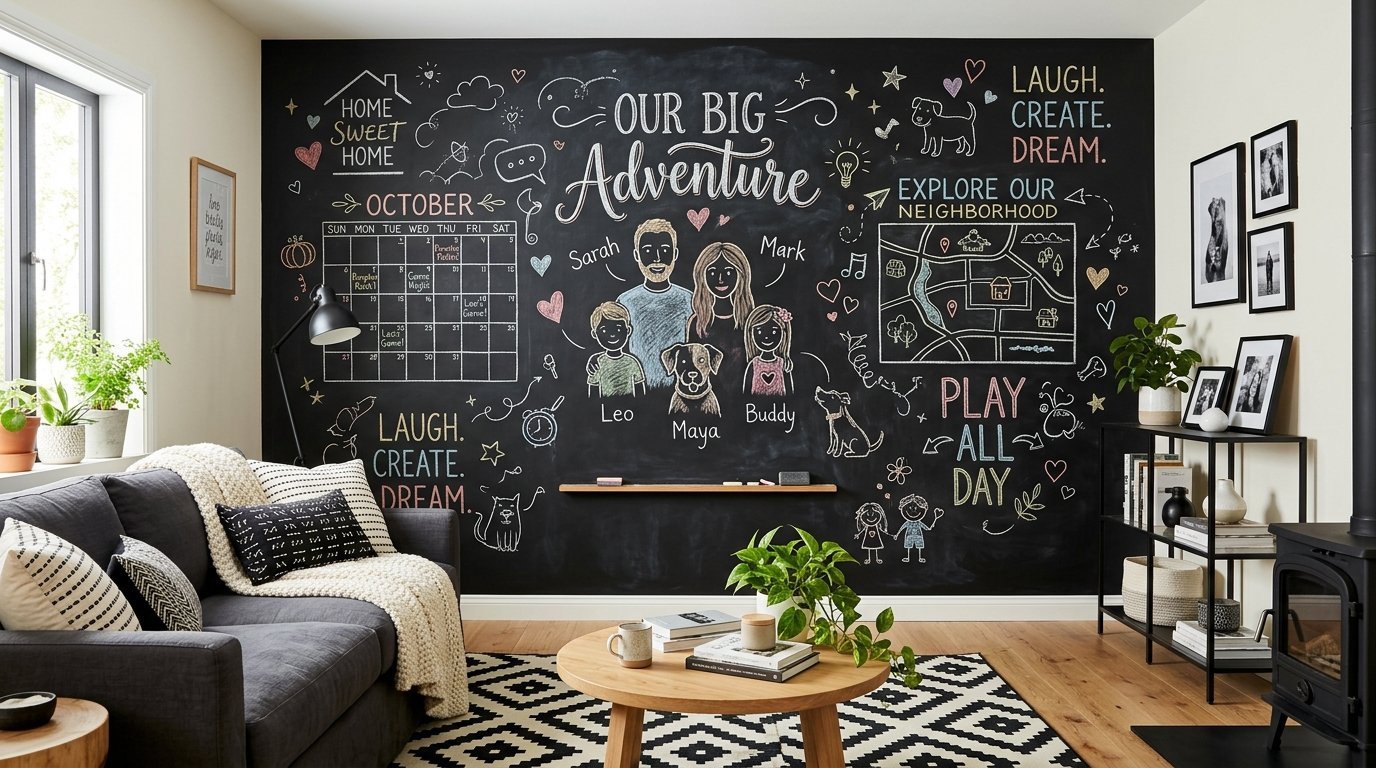 A decorative chalkboard wall in a living room featuring family drawings, a calendar, a neighborhood map, and text.