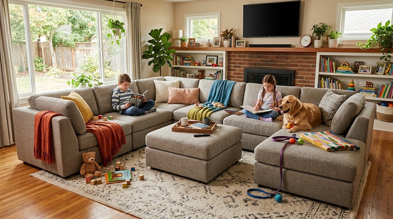 Brother reading a book, sister drawing, and a golden retriever sitting on a large grey couch in a cozy home.