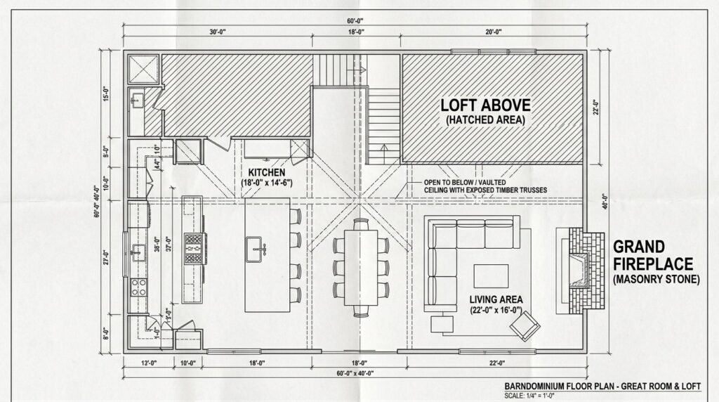 Spacious farmhouse barndominium interior featuring an open concept floor plan with modern rustic decor.
