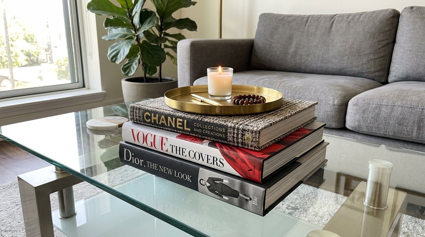 Coffee table arrangement with Dior, Vogue, and Chanel books topped with a gold tray, candle, and beads.