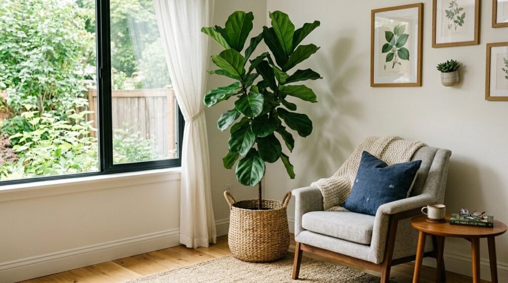 A healthy, vibrant Fiddle Leaf Fig plant with large glossy green leaves in a bright room.
