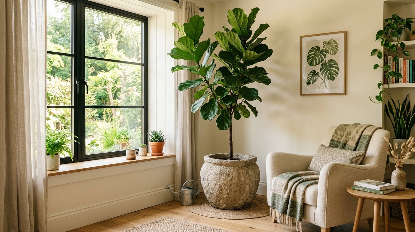 Large indoor fiddle leaf fig tree in a stone planter next to a cream armchair by a black window frame.