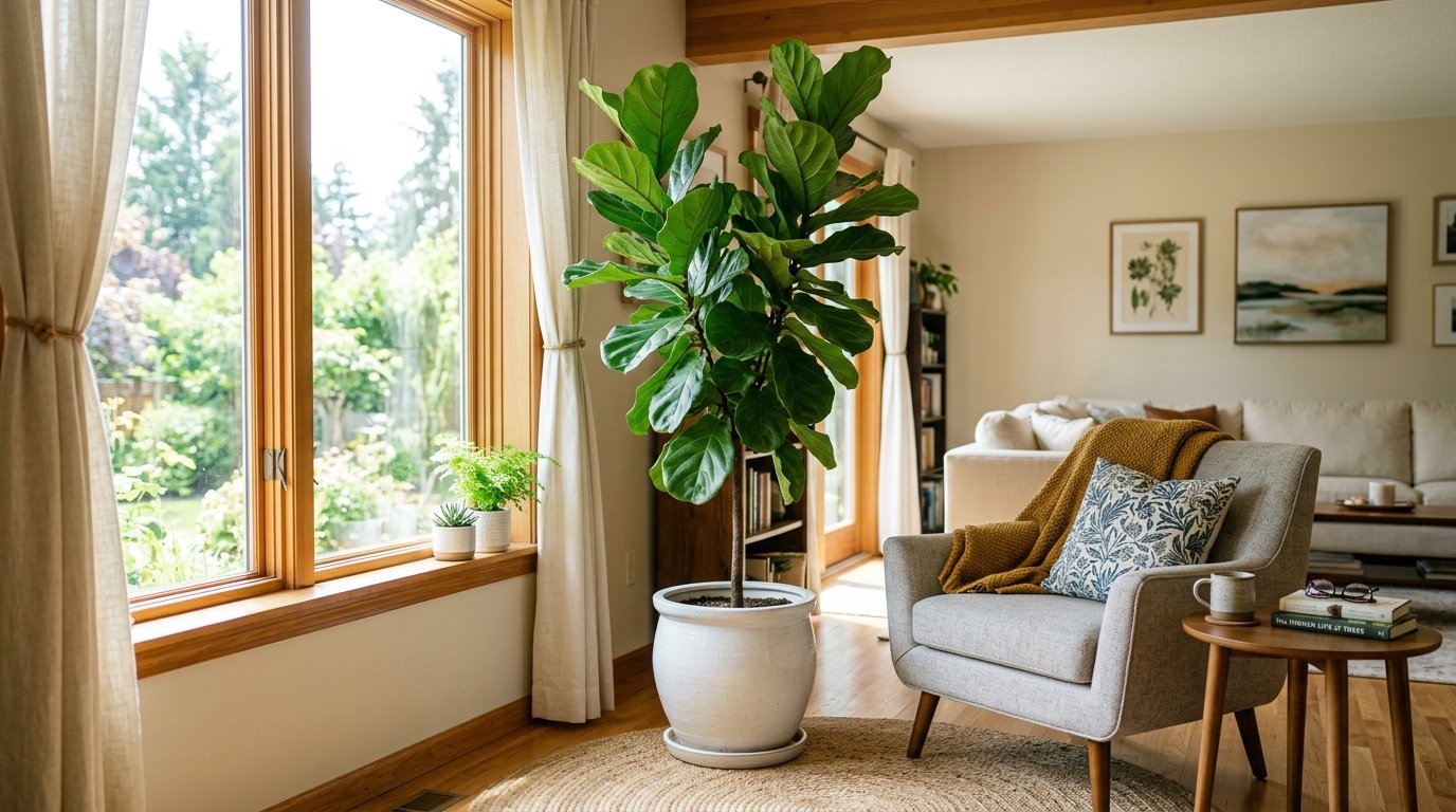 A potted fiddle leaf fig plant next to a grey accent chair with a yellow blanket and floral pillow.