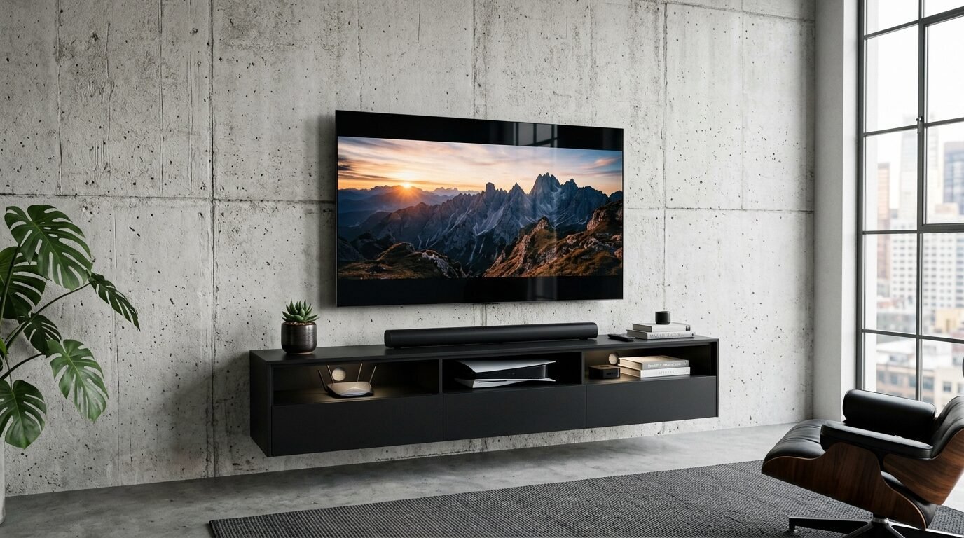 A sleek black wall-mounted shelf holding a soundbar, gaming console, and books under a large television screen.