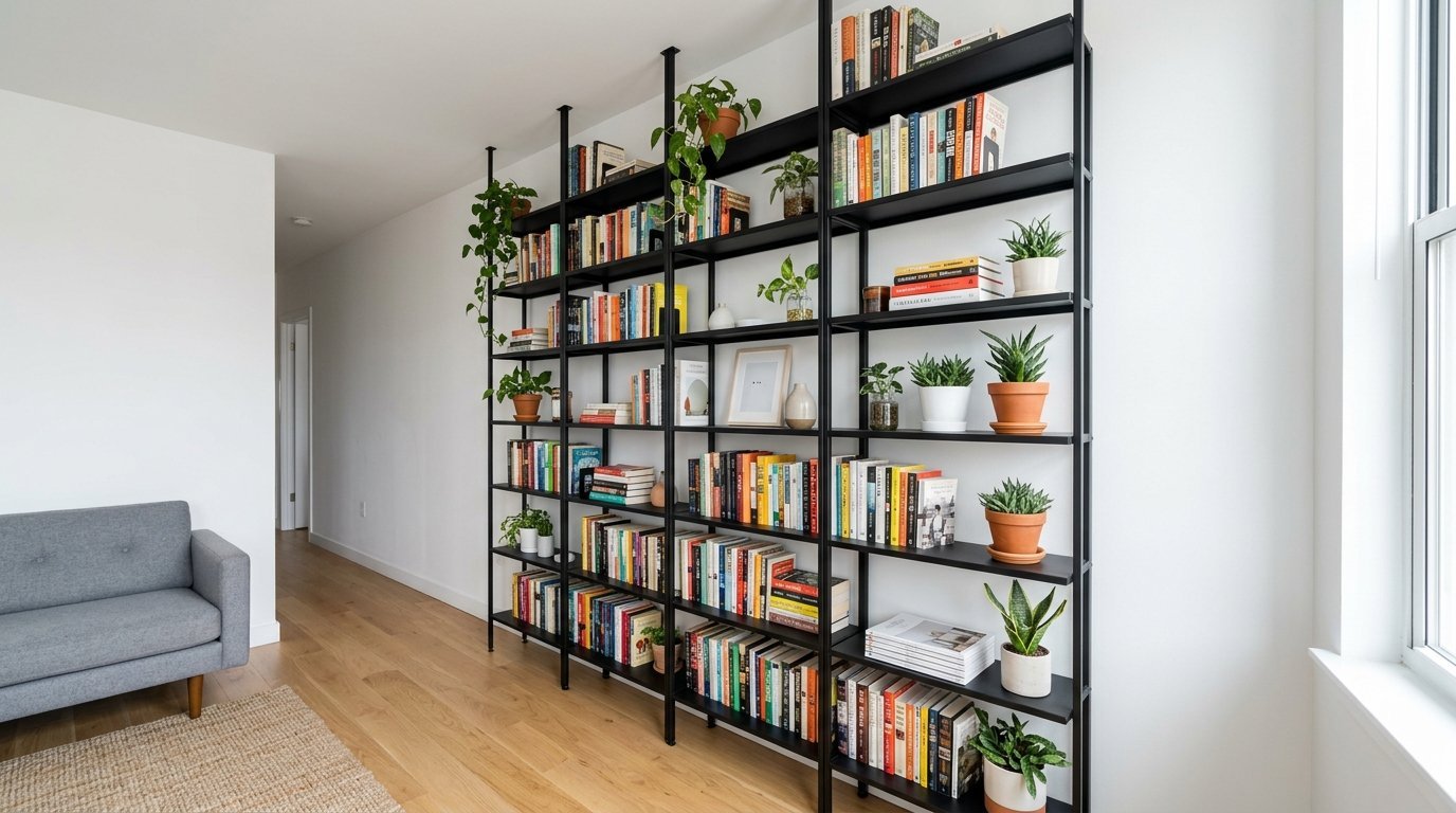 Tall black metal open shelving unit styled with colorful books and various potted houseplants in a bright home.