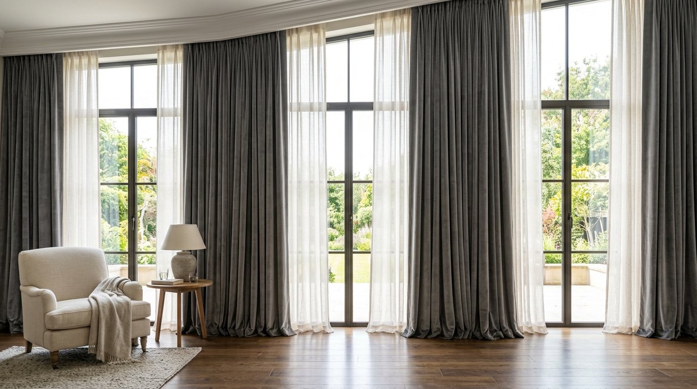 A beige armchair next to a side table in front of tall windows with layered grey and white curtains.