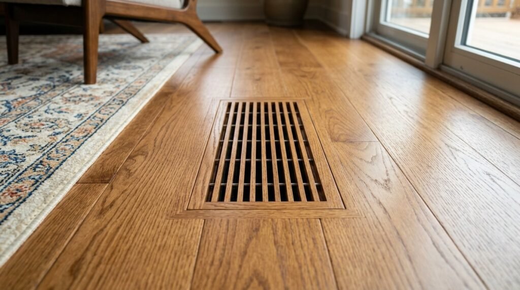 A close up view of a modern circular flush mount wood lighting fixture installed on a ceiling.