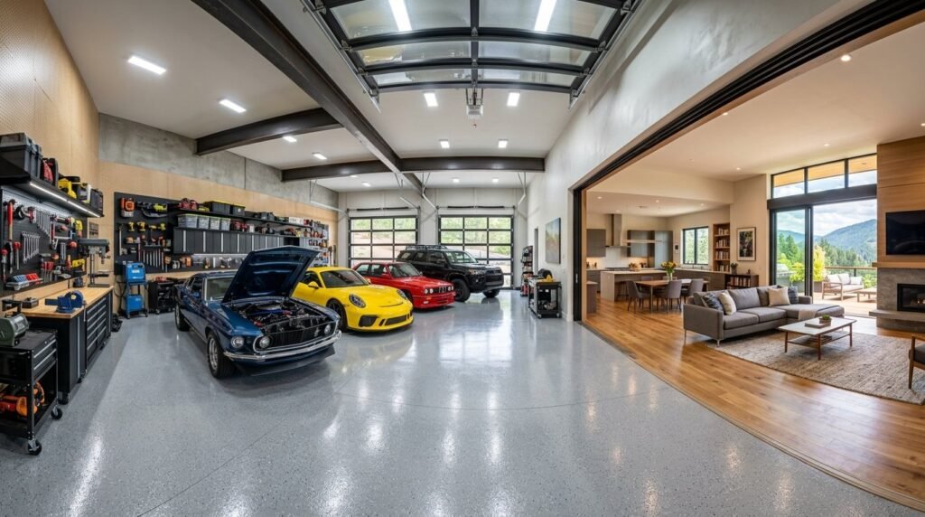 Spacious four bay car repair shop with professional equipment and organized workspace.