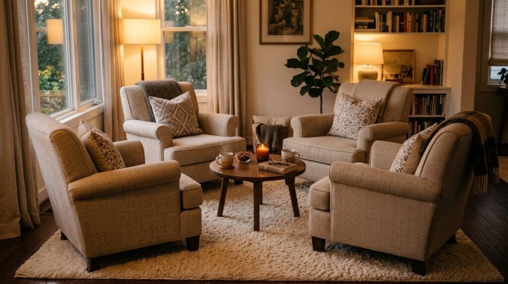 Four stylish armchairs arranged together in a bright, modern interior room.