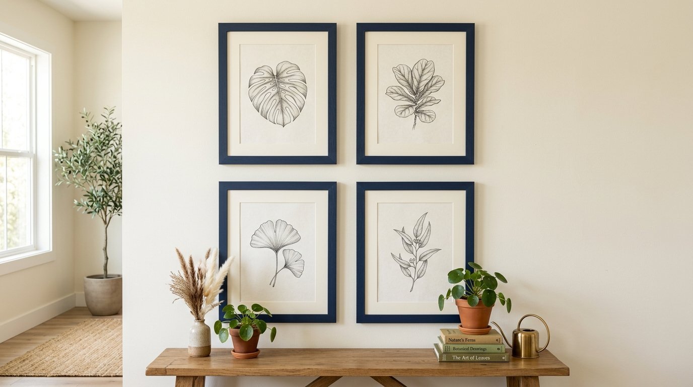 Four framed botanical sketches hung in a grid above a rustic wooden console table with indoor plants.