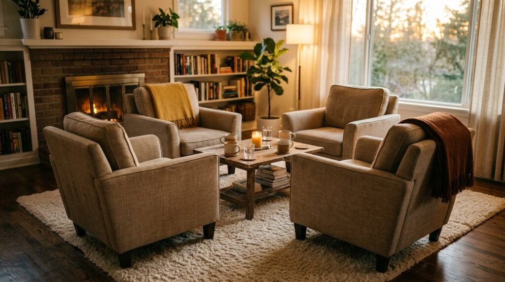 Four comfortable modern armchairs arranged neatly in a bright, contemporary interior space.