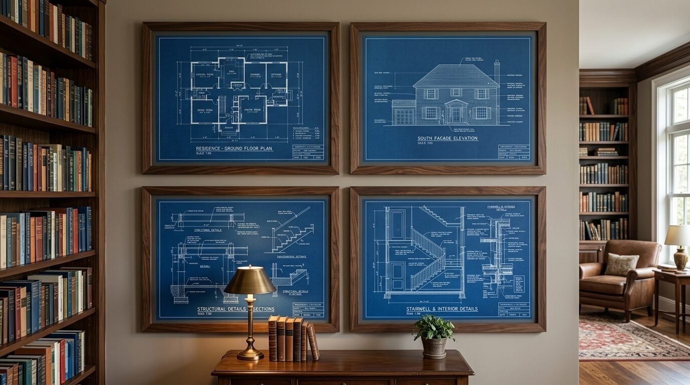 A wall in a library displaying four framed blue construction drawings of a house floor plan and stair details.