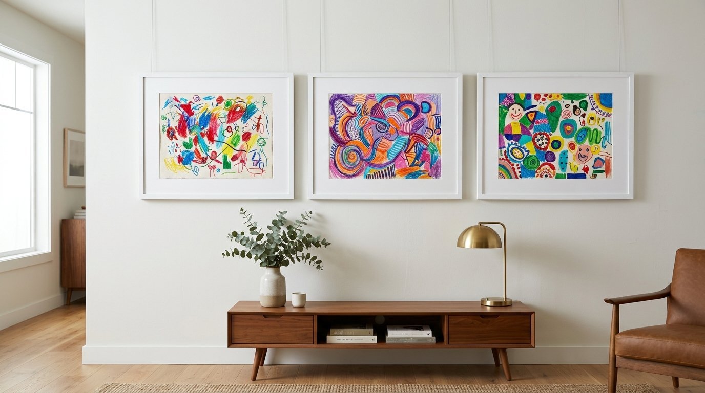 A gallery wall featuring three framed children's colorful crayon art pieces hanging above a wood media console.