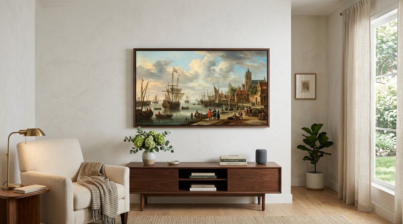 Framed antique maritime scene on a beige wall above a wooden media console in a living room.