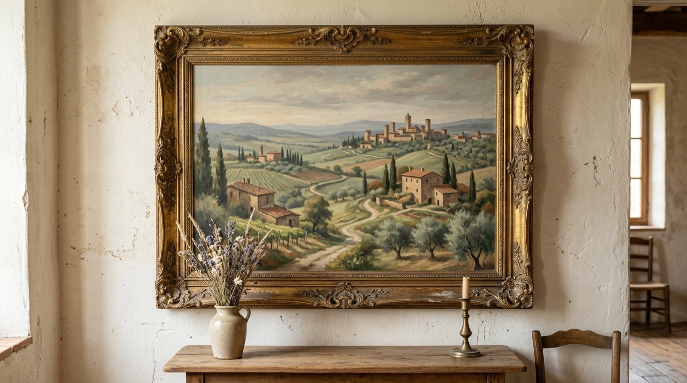 Vintage oil painting of a village on a hill with olive trees and stone houses hanging on a white plaster wall.