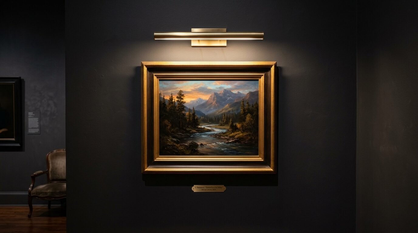An ornate landscape oil painting of a river and mountains hangs under a brass light on a dark charcoal wall.