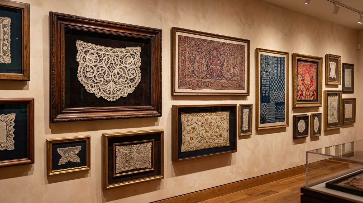 Gallery wall displaying various framed historical textiles, delicate lace, and colorful embroidered pieces.