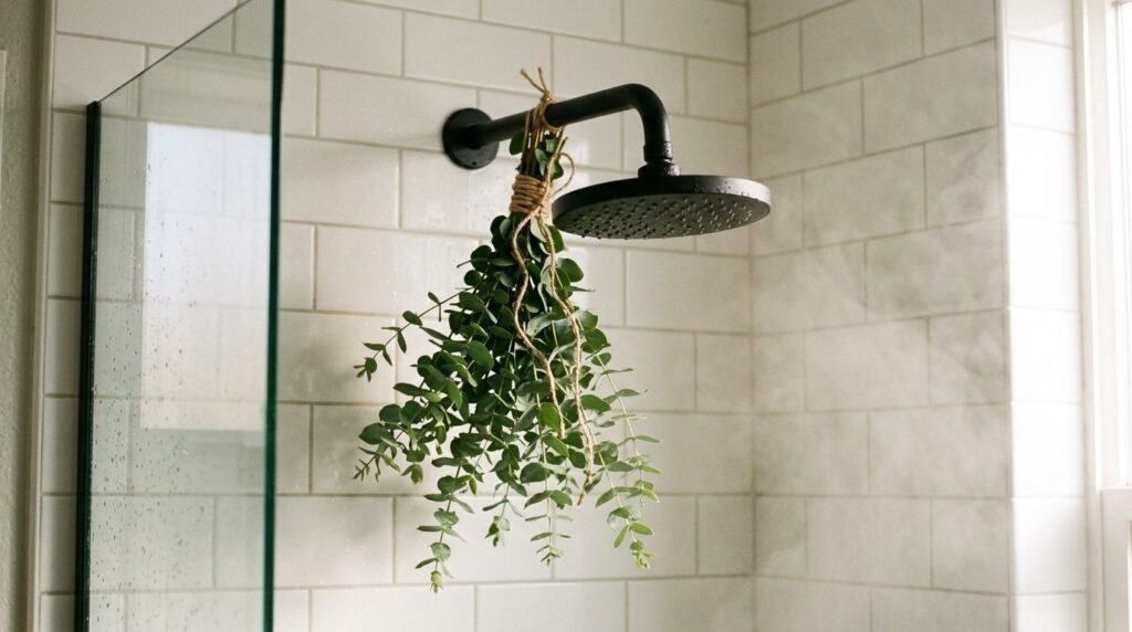 A bundle of fresh green eucalyptus branches tied together with natural rustic twine.