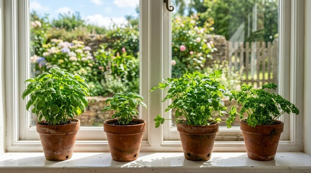 Close up of vibrant fresh basil leaves growing in small ceramic pots on a bright surface.