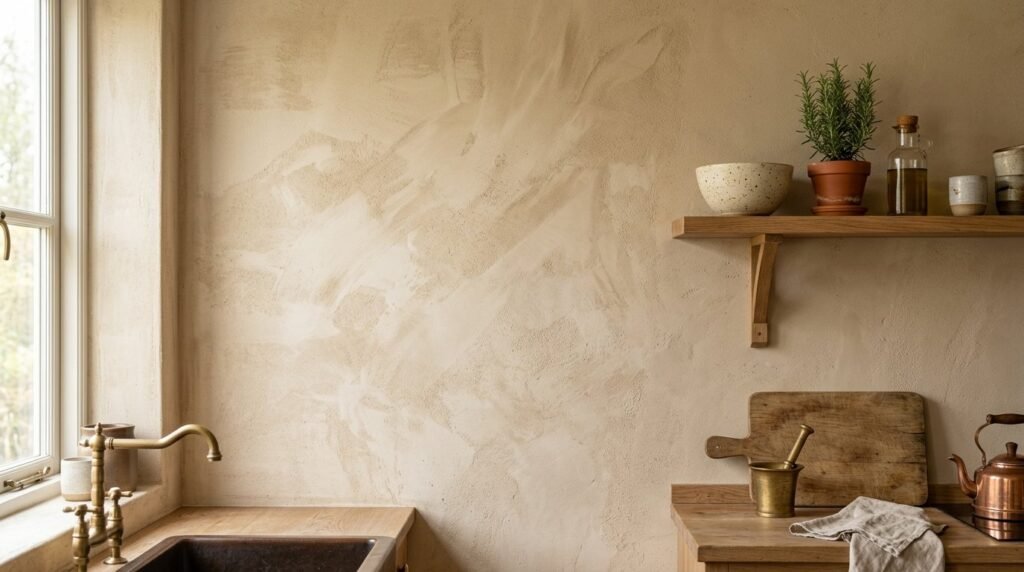 A close up view of a freshly painted interior kitchen wall with a smooth professional finish.