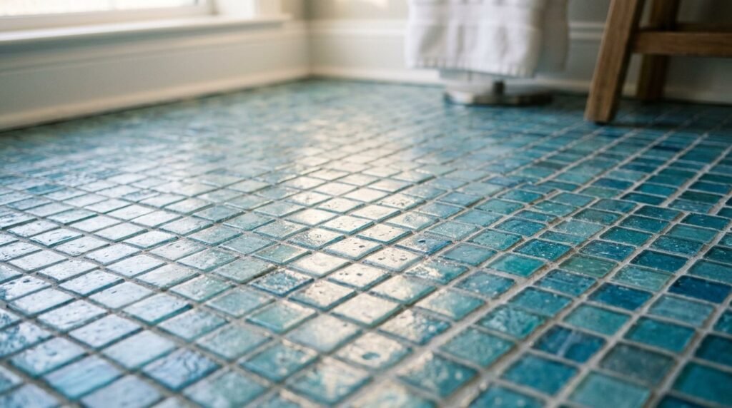 Close up detail of a frosted blue glass surface with soft light diffusion.
