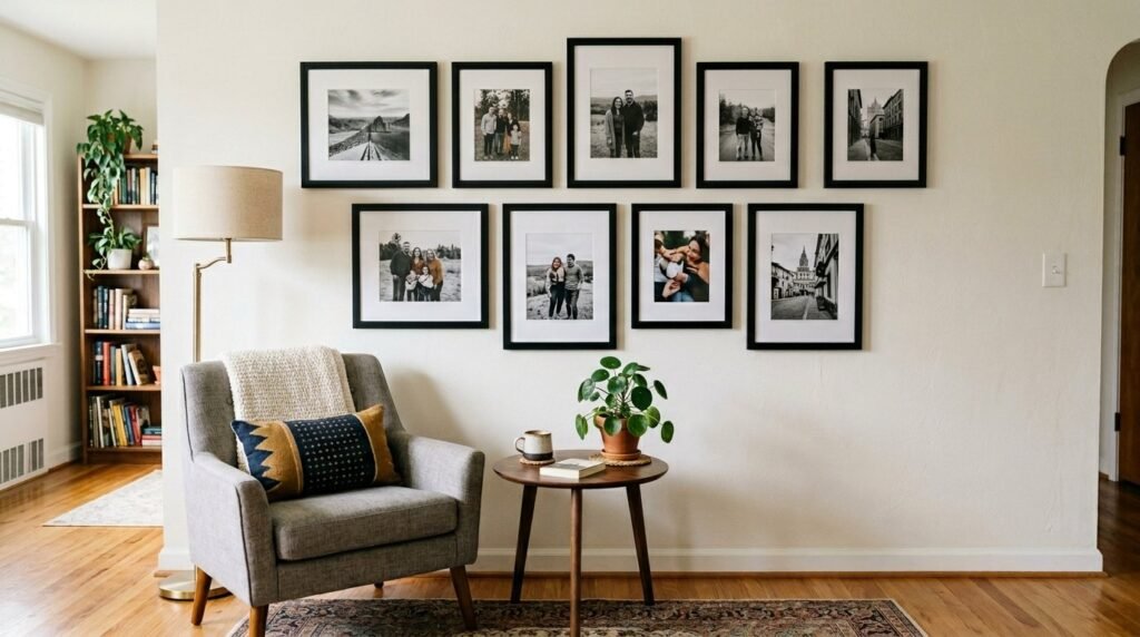 A stylish gallery wall with assorted frames hanging above a comfortable living room sofa.