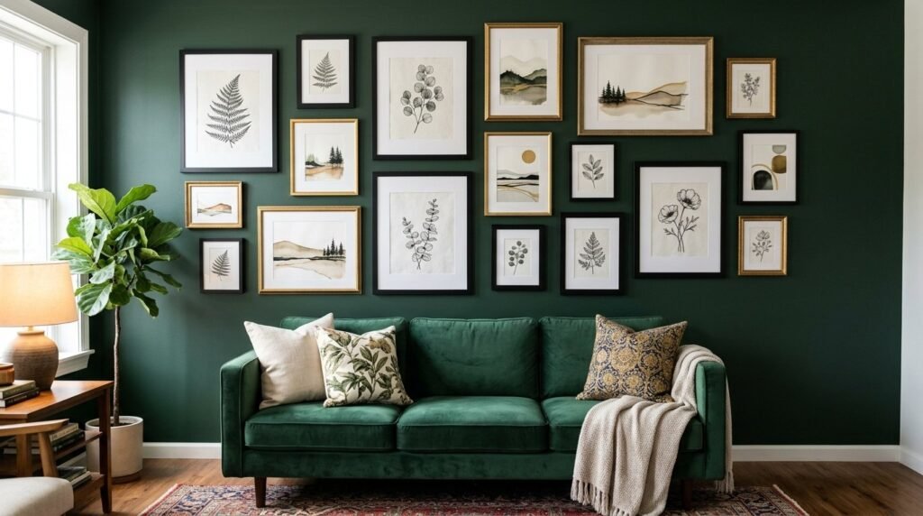 A tastefully arranged gallery wall with various framed art prints hanging above a comfortable living room sofa.